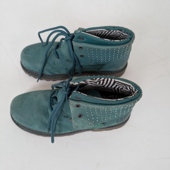 Cat Antique Green Leather Boots Turquoise Work Chunky Combat Studs - Picture 8 of 11